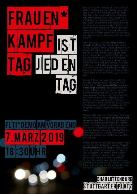 Am 7. März 2019 durch Berlin, vorbei an der Bibliothek des Konservatismus. Alerta alerta Antisexista
