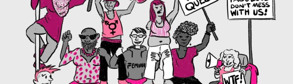 Zeichnung von vielen queeren Menschen mit Aktionsplakaten.