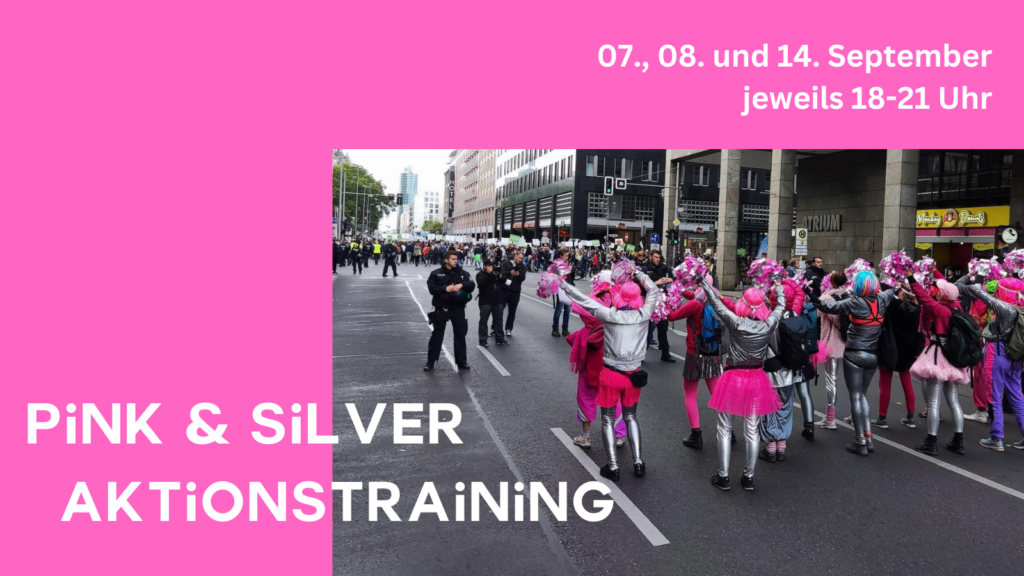 Aktionstraining Pink and Silver am 7., 8. und 14. September, jeweils 18-21 Uhr. Daneben ein Foto der Aktion im letzten Jahr.