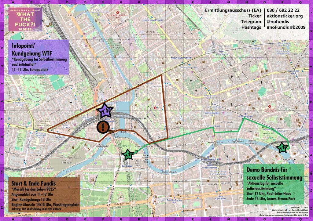 Aktionskarte für den 20.09.2025. WTF-Infopoint/Kundgebung: 11-15 Uhr Europaplatz "Marsch für das Leben": 14:15 Uhr-17 Uhr. Start & Ende Washingtonplatz, Route über Luisenstr. und Invalidenstr. BFSS: Start 12 Uhr: Paul-Löbe-Haus